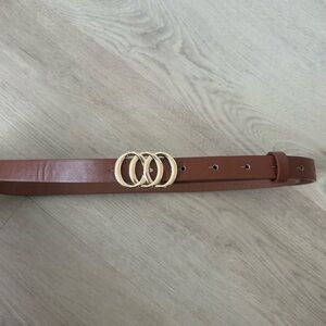 Women’s Thin Brown Faux Leather Belt with Gold Buckle